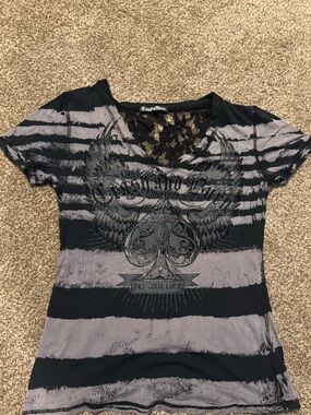 Crash and Burn Black and Gray Striped V-Neck Tee with Winged Graphic